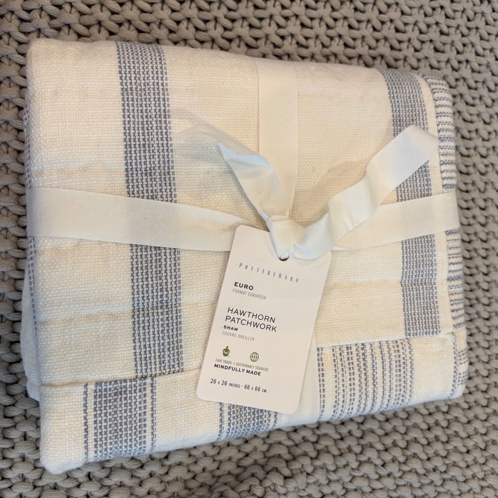 Pottery Barn Hawthorn Patchwork Euro Sham Blue White Striped Quilted 26x26 NEW